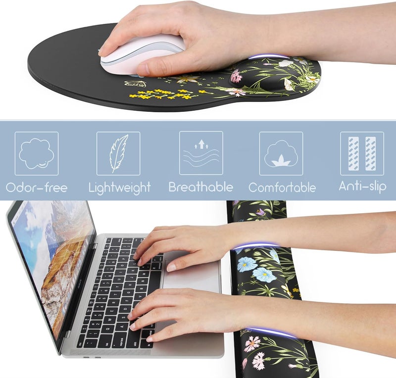 JIGOO Ergonomic Mouse Pad with Wrist Rest and Keyboard Wrist Rest, Memory Foam Wrist Rest for Computer Keyboard, Easy Typing, Pain Relief, Black Mouse Pad Wrist Support for Gaming,Office, Laptop, Floral - Image 5